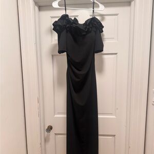 Ruffled Off-the-Shoulder Short Sleeve Crepe Sheath Gown (Xscape)